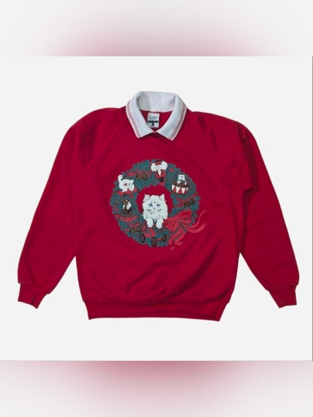 Cute 90s Christmas Sweatshirt Tag Size Large featuring a white collar, FluffyCat